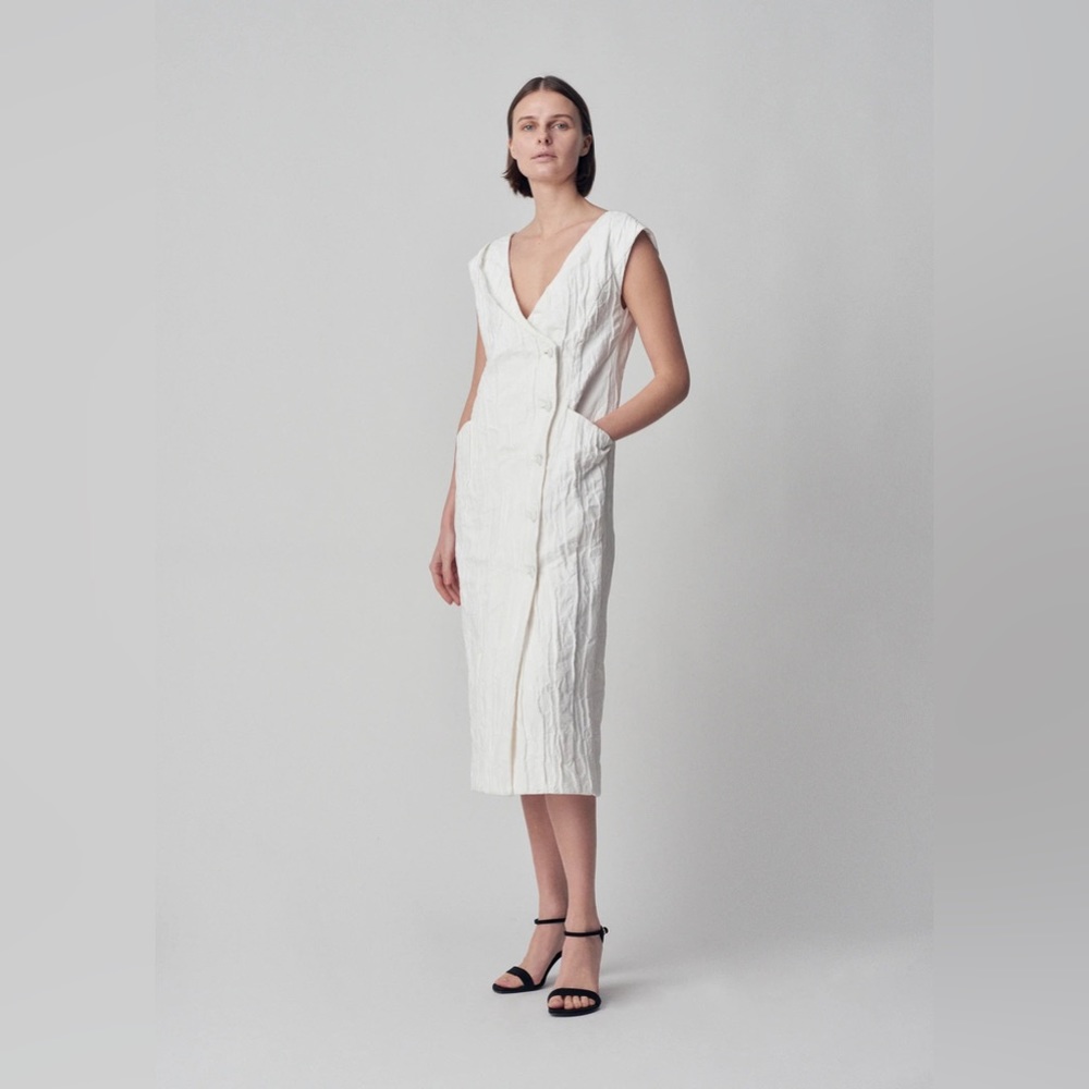 CO V-Neck Button Down Dress in Ivory Cotton | Size S | NWT